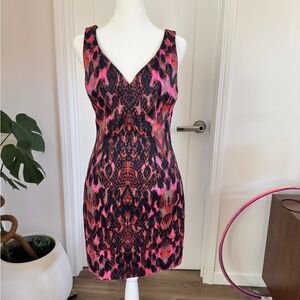 Guess by Marciano Pink and Black V-Neck Sheath Mini Dress